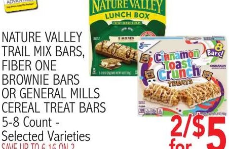 NATURE VALLEY TRAIL MIX BARS, FIBER ONE BROWNIE BARS OR GENERAL MILLS CEREAL TREAT BARS