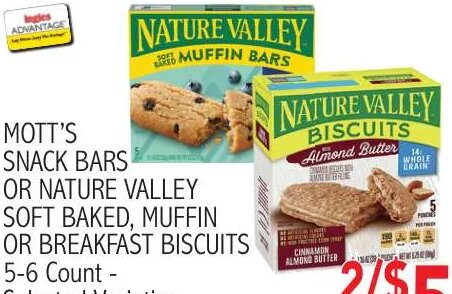 MOTT'S SNACK BARS OR NATURE VALLEY SOFT BAKED, MUFFIN OR BREAKFAST BISCUITS