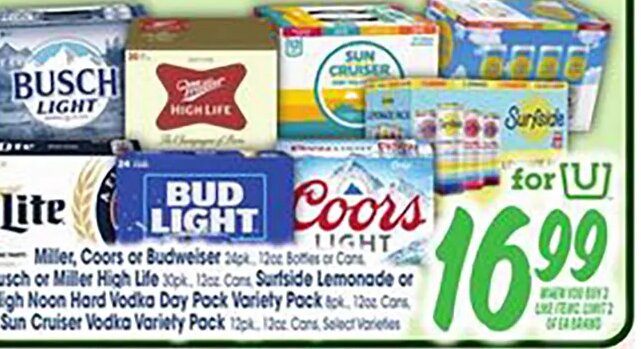 Busch / Bud Light / Coors / Miller / High Noon / Sun Cruiser at Jewel-Osco