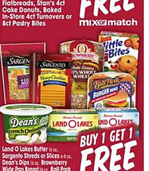 Sargento Shreds or Slices, Dean's Dips, Land O Lakes, Ball Park Buns, Entenmann's Little Bites