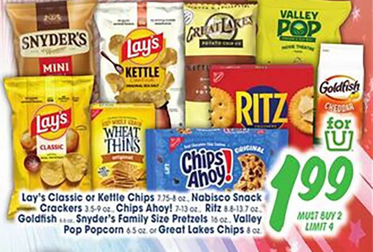 Lay's Classic or Kettle Chips, Nabisco Snack Crackers, Ritz, Goldfish, Snyder's Family Size Pretzels, Valley Pop, or Great Lakes Chips