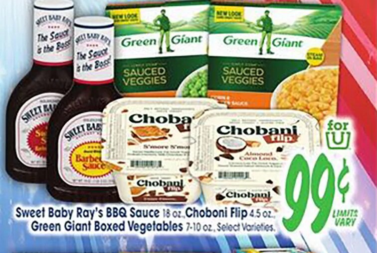Sweet Baby Ray's BBQ Sauce, Chobani Flip, Green Giant Boxed Vegetables