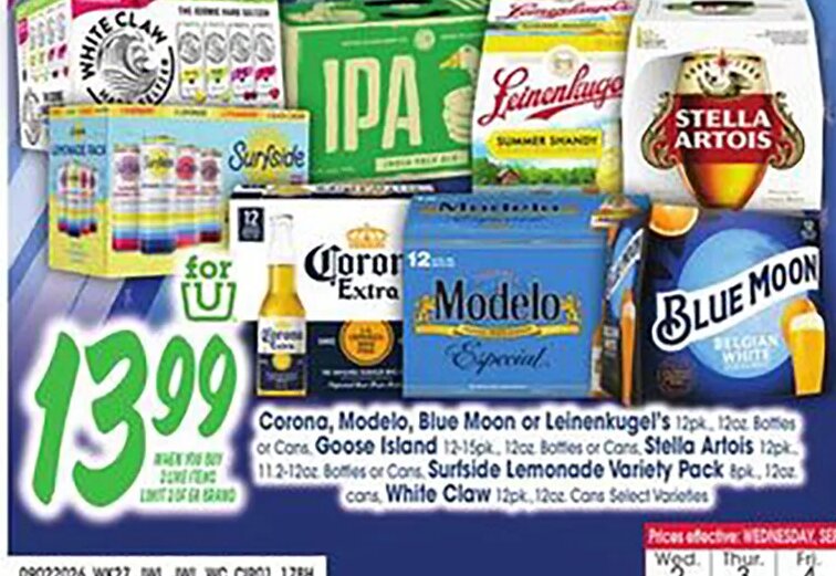 Corona, Modelo, Blue Moon or Leinenkugel's, Stella Artois, White Claw, Surfside