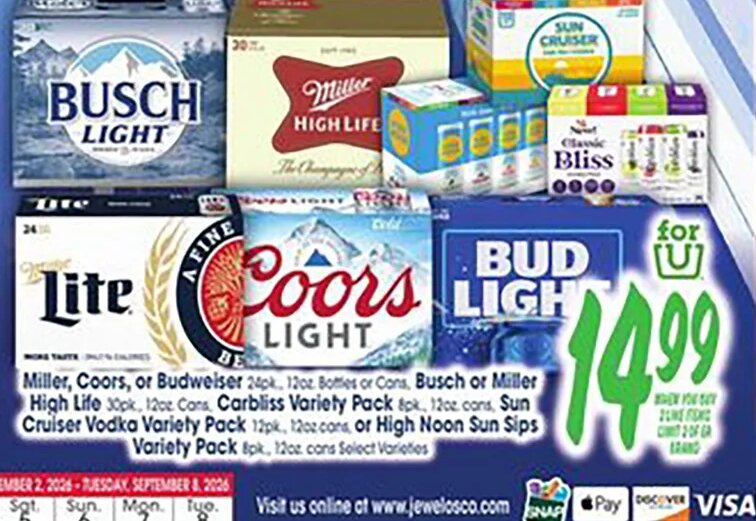 Miller, Coors, or Budweiser, Busch or Miller Cruiser Vodka Variety Pack, High Noon Sun Sips Variety Pack at Jewel-Osco