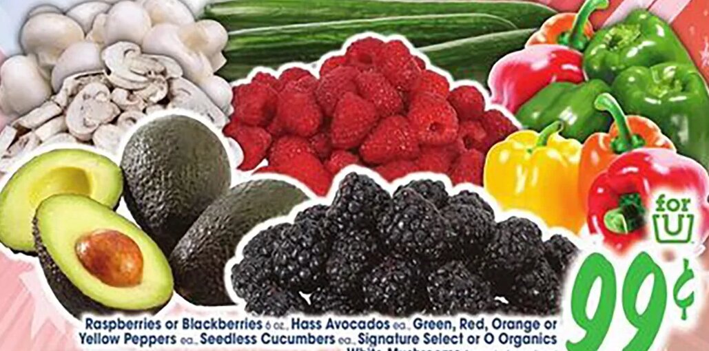 Raspberries or Blackberries, Hass Avocados, Green, Red, Orange or Yellow Peppers, Seedless Cucumbers, Signature Select or O Organics White Mushrooms at Jewel-Osco