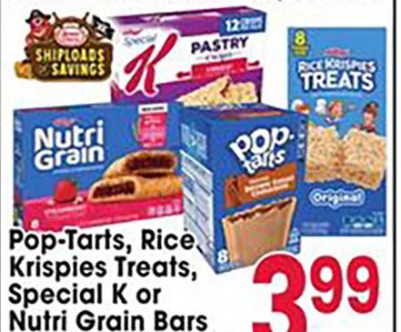 Pop-Tarts, Rice Krispies Treats, Special K or Nutri Grain Bars