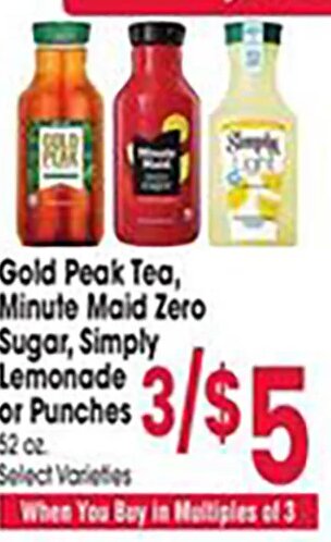Gold Peak Tea, Minute Maid Zero Sugar, Simply Lemonade or Punches at Jewel-Osco