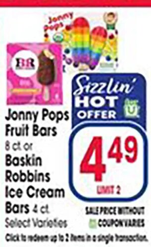 Jonny Pops Fruit Bars or Baskin Robbins Ice Cream Bars at Jewel-Osco