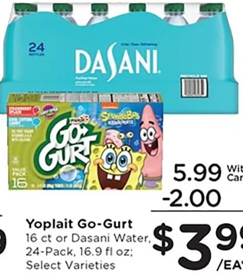 Yoplait Go-Gurt or Dasani Water at Kroger