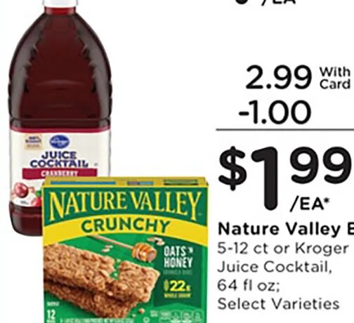 Nature Valley Bars or Kroger Juice Cocktail at Kroger