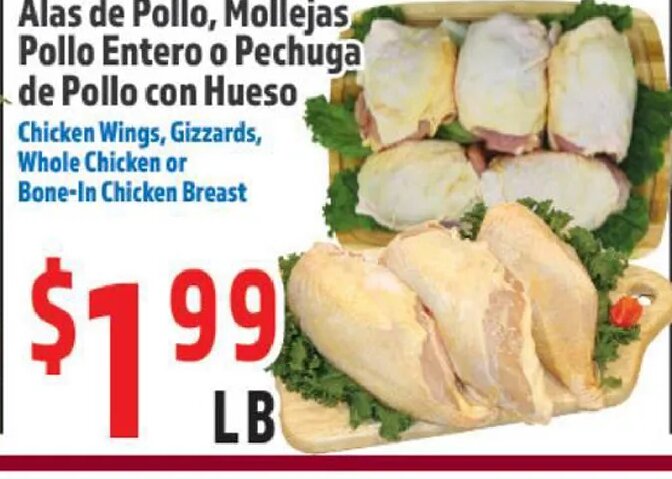 Alas de Pollo, Mollejas, Pollo Entero o Pechuga de Pollo con Hueso at La Bonita