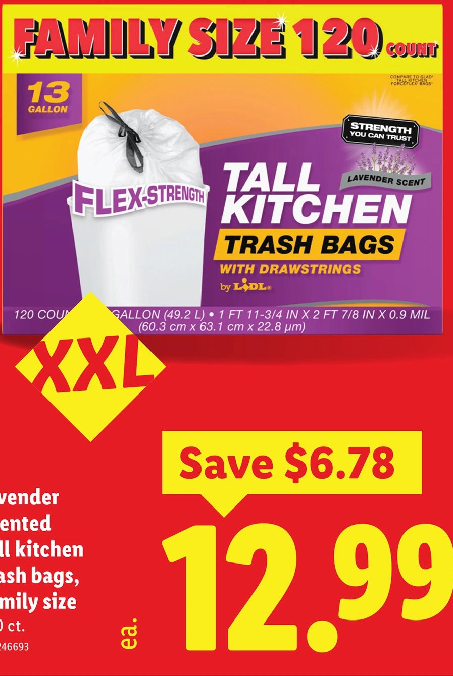 lavender scented tall kitchen trash bags, family size at Lidl