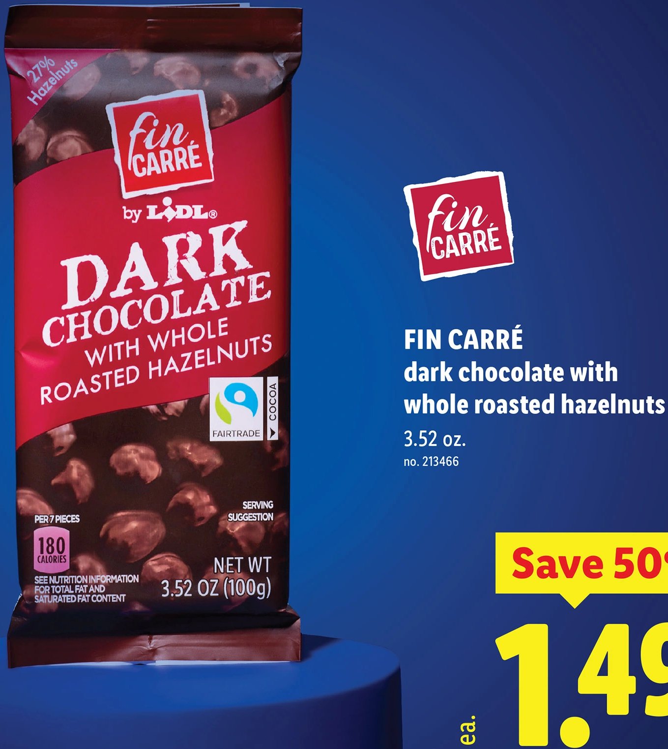 FIN CARRÉ dark chocolate with whole roasted hazelnuts at Lidl