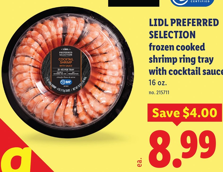 LIDL PREFERRED SELECTION frozen cooked shrimp ring tray with cocktail sauce at Lidl