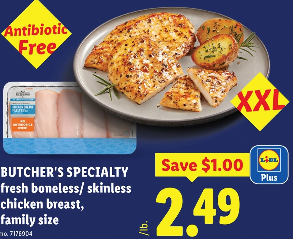 BUTCHER'S SPECIALTY fresh boneless/ skinless chicken breast, family size at Lidl