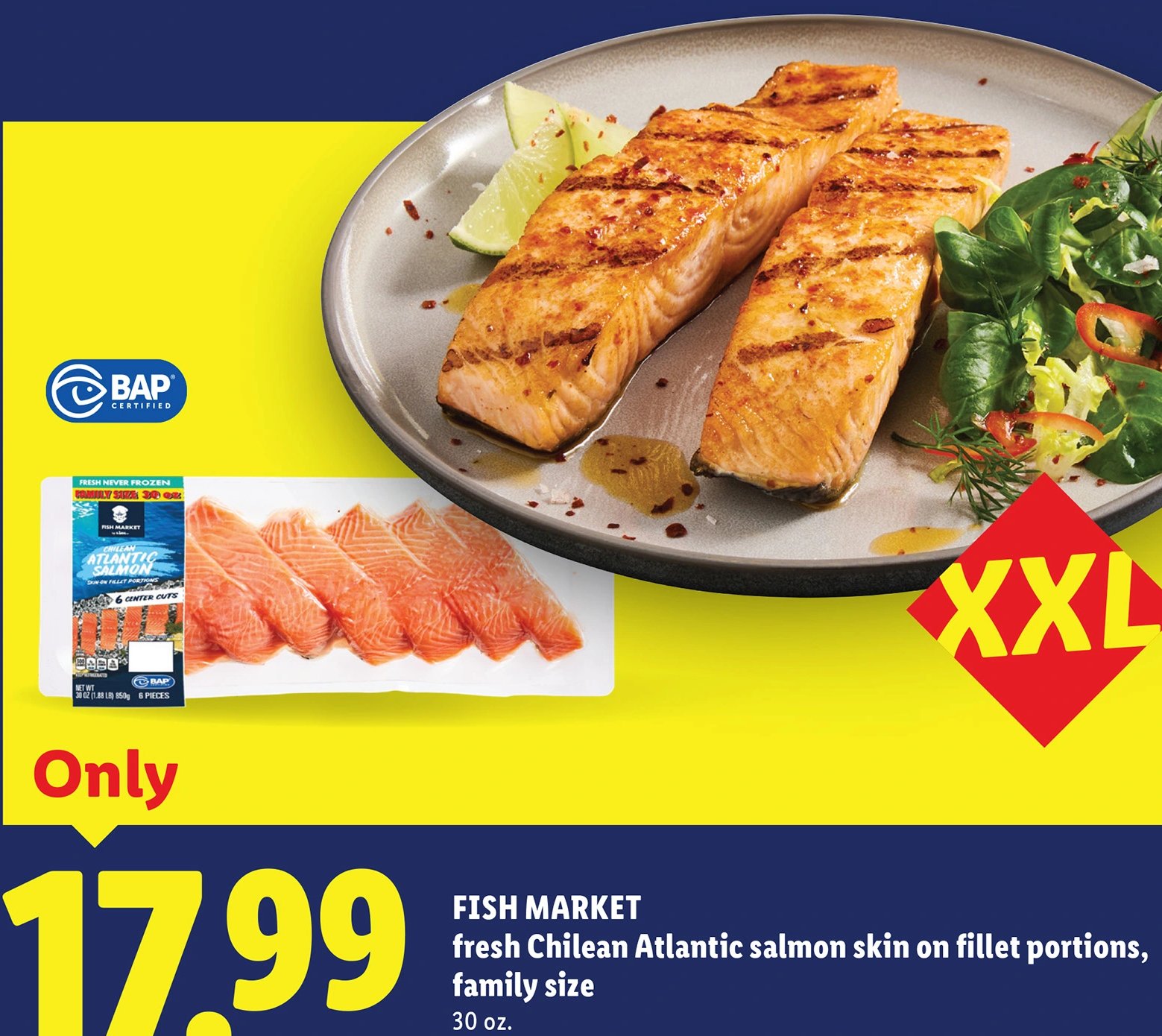 FISH MARKET fresh Chilean Atlantic salmon skin on fillet portions, family size at Lidl