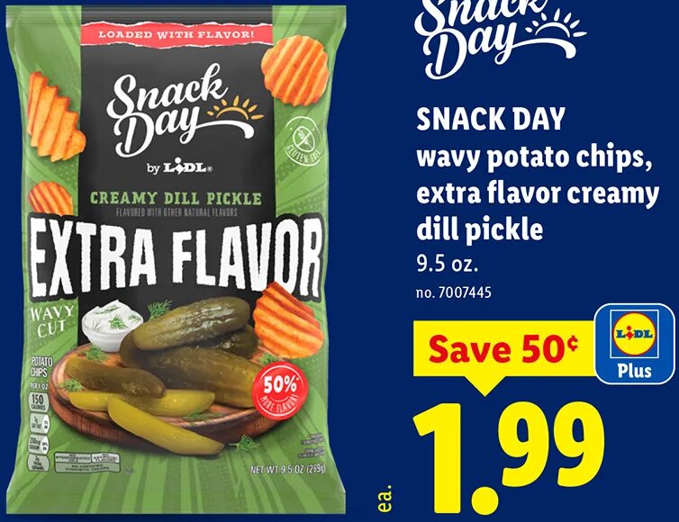 SNACK DAY wavy potato chips, extra flavor creamy dill pickle at Lidl