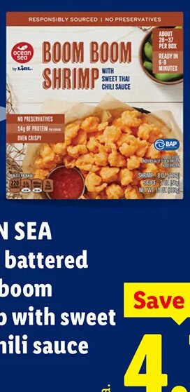 OCEAN SEA frozen battered boom boom shrimp with sweet Thai chili sauce at Lidl