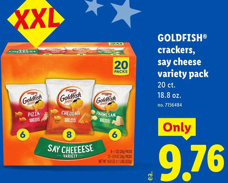 GOLDFISH crackers, say cheese variety pack at Lidl