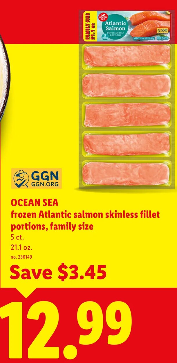 OCEAN SEA frozen Atlantic salmon skinless fillet portions, family size at Lidl