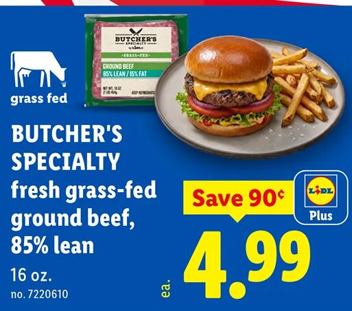 BUTCHER'S SPECIALTY fresh grass-fed ground beef, 85% lean at Lidl
