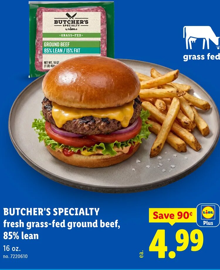 BUTCHER'S SPECIALTY fresh grass-fed ground beef, 85% lean at Lidl