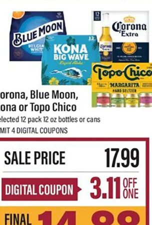Corona, Blue Moon, Kona or Topo Chico at Lowes Foods