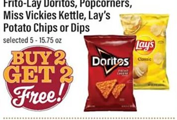 Frito-Lay Doritos, Popcorns, Miss Vickies Kettle, Lay's Potato Chips or Dips