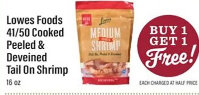 Lowes Foods 41/50 Cooked Peeled & Deveined Tail On Shrimp