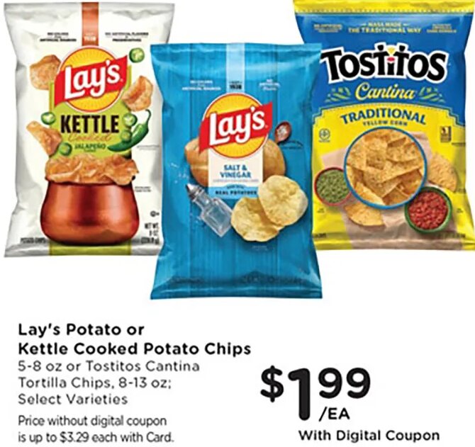 Lay's Potato or Kettle Cooked Potato Chips or Tostitos Cantina Tortilla Chips at Mariano's