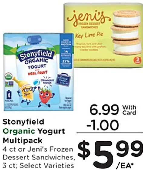 Stonyfield Organic Yogurt Multipack or Jeni's Frozen Dessert Sandwiches