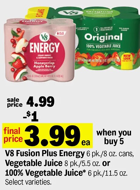 V8 Fusion Plus Energy or 100% Vegetable Juice at Meijer