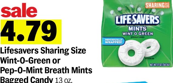 Lifesavers Sharing Size Wint-O-Green or Pep-O-Mint Breath Mints Bagged Candy