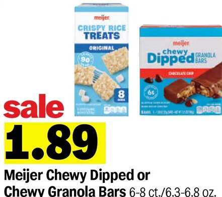 Meijer Chewy Dipped or Chewy Granola Bars or Crispy Rice Treats at Meijer
