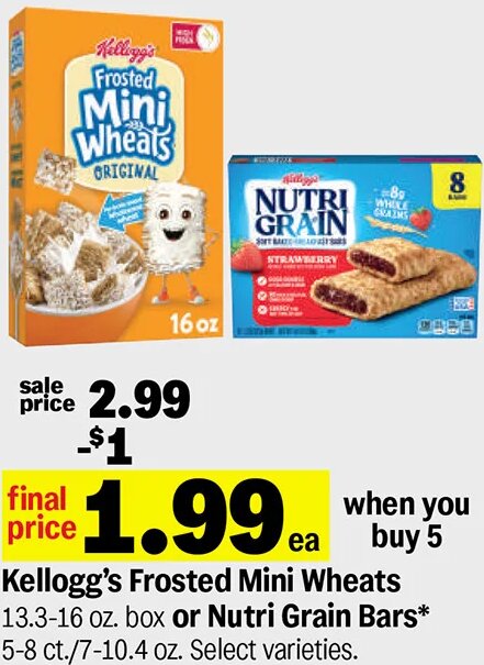 Kellogg's Frosted Mini Wheats or Nutri Grain Bars at Meijer
