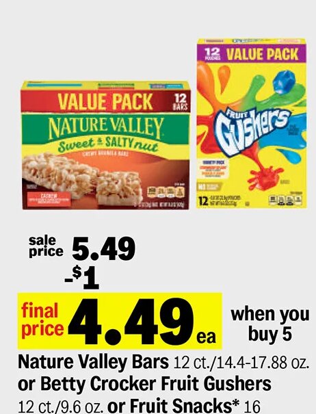 Nature Valley Bars or Betty Crocker Fruit Gushers or Fruit Snacks at Meijer