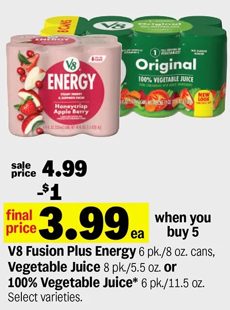 V8 Fusion Plus Energy or 100% Vegetable Juice at Meijer