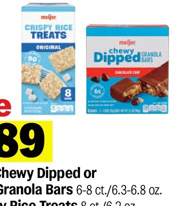 Meijer Chewy Dipped or Chewy Granola Bars or Crispy Rice Treats at Meijer