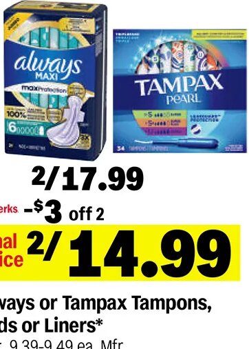 Always or Tampax Tampons, Pads or Liners