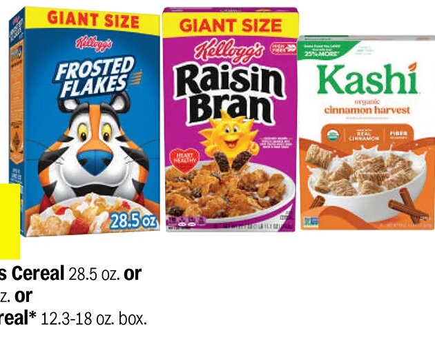 Kellogg's Frosted Flakes Cereal or Raisin Bran Cereal or Kashi Organic or GO Cereal at Meijer