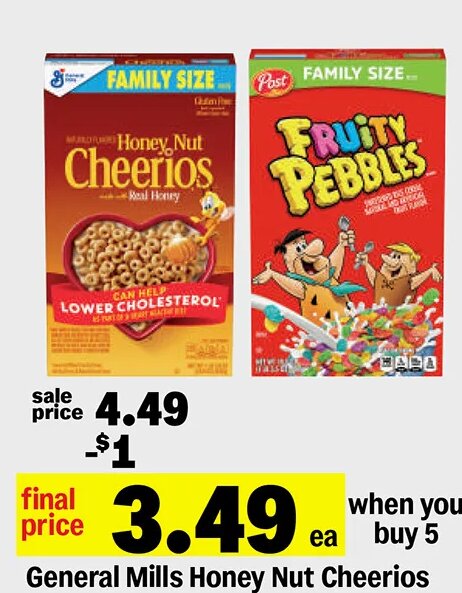 General Mills Honey Nut Cheerios or Post Fruity Pebbles or Honey Bunches of Oats at Meijer