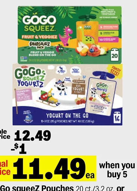 GoGo squeeZ Pouches or Yogurtz at Meijer