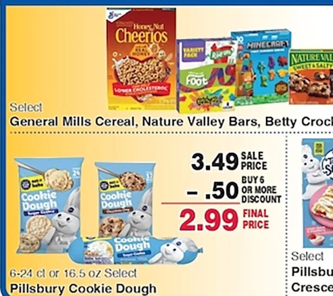 General Mills Cereal, Nature Valley Bars, Betty Crocker Fruit Snacks, Gardettos, Bugles or Chex Mix
