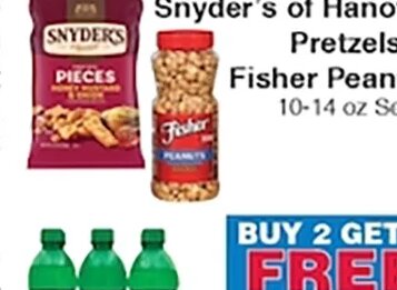 Snyder's of Hanover Pretzels or Fisher Peanuts