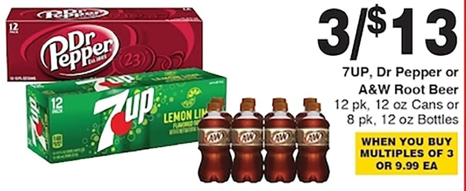 7UP, Dr Pepper or A&W Root Beer at Piggly Wiggly