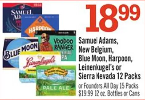 Samuel Adams, New Belgium, Blue Moon, Harpoon, Leinenkugel's or Sierra Nevada 12 Packs at Price Chopper