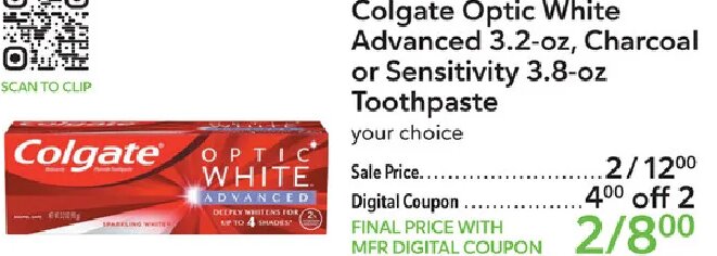 Colgate Optic White Advanced or Sensitivity Toothpaste