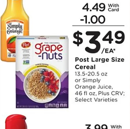 Post Large Size Cereal or Simply Orange Juice at Ralphs