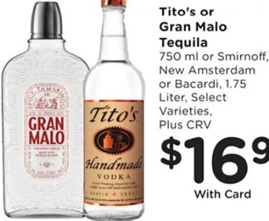 Tito's or Gran Malo Tequila, New Amsterdam or Bacardi