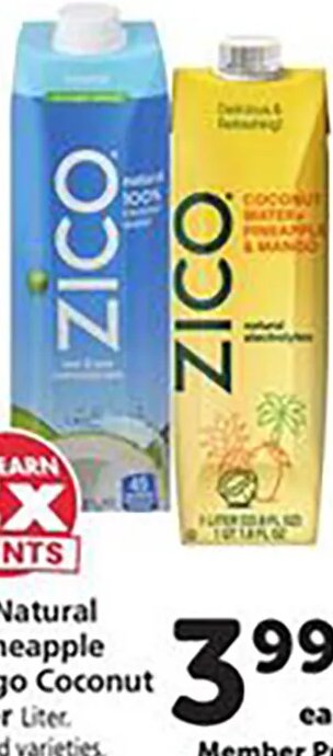 Zico Natural or Pineapple Mango Coconut Water